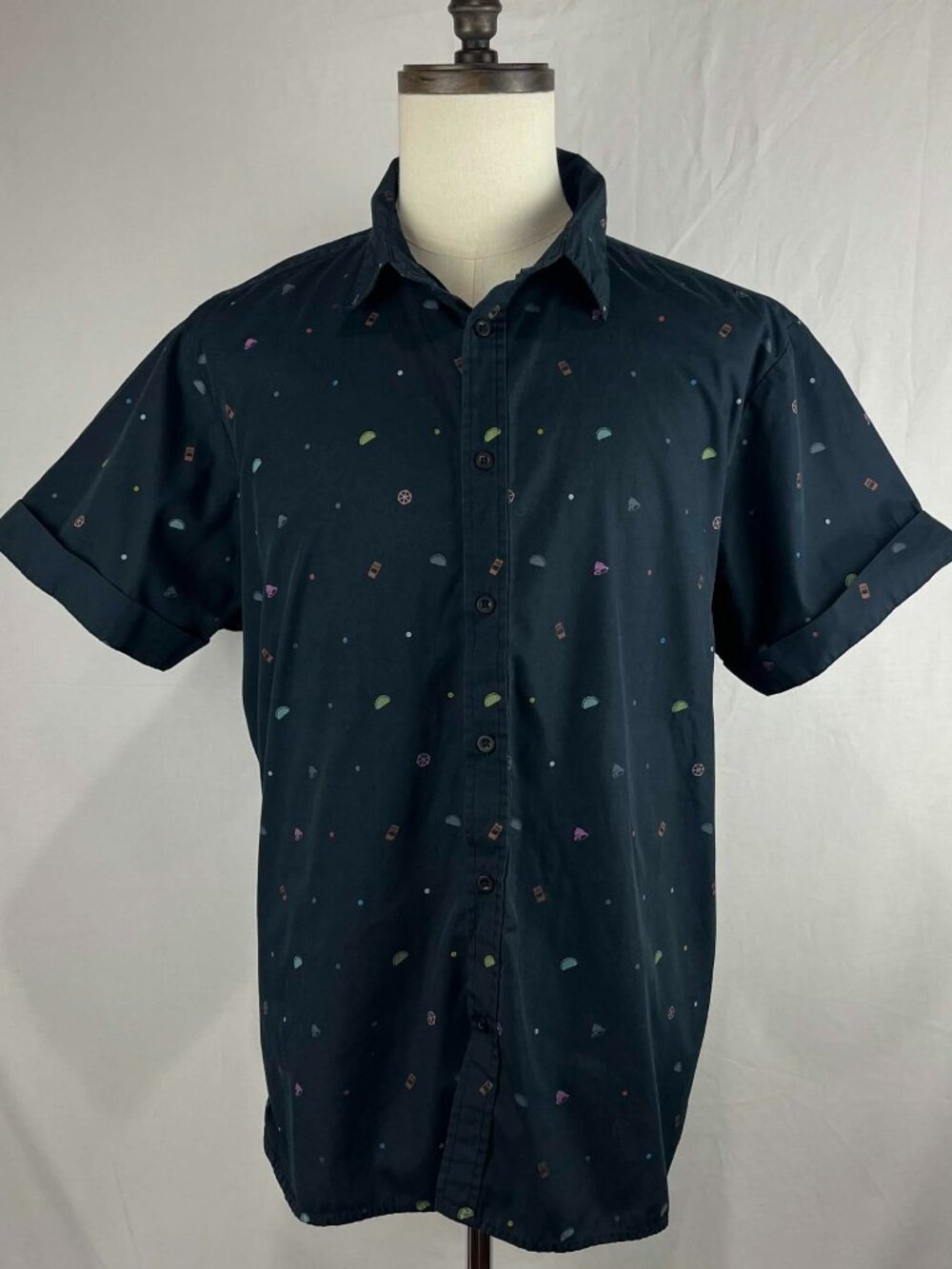 GUC Taco Bell Mens Navy Hot Sauce Packet Taco Pattern Button Up Shirt Size L